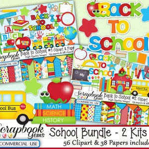 SCHUL BUNDLE - 2 Kits in 1, 56 Cliparts & 38 Papiere, Sofort Download, Schulzug, Rucksack, Globus, Schulbus, Schreibtisch, Stuhl, Fingerfarbe