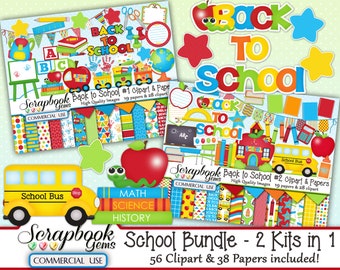 SCHOOL BUNDLE - 2 Kits in 1, 56 Cliparts & 38 Papers, Instant Download, school train, backpack, globe, school bus, desk, chair, finger paint