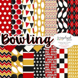 Può includere: Una collezione di carte digitali a tema bowling. I disegni includono pois rossi, birilli e forme geometriche in rosso, nero e oro. La parola "Bowling" è visualizzata in un carattere corsivo in grassetto.