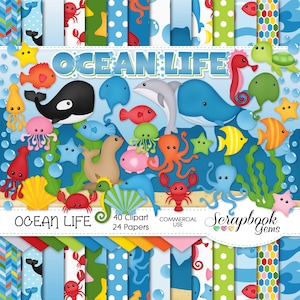 OCEAN LIFE Clipart and Papers Kit, 40 png Clip arts, 24 jpeg Papers Instant Download Ocean Beach walvis krab dolfijn kreeft waterbel
