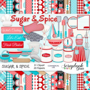 SUGAR & SPICE Clipart and Papers Kit, 31 png Clip arts, 20 jpeg Papers Instant Download kitchen cooking baking bake meals chef flour sugar