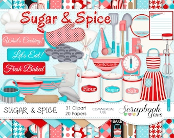 SUGAR & SPICE Clipart and Papers Kit, 31 png Clip arts, 20 jpeg Papers Instant Download kitchen cooking baking bake meals chef flour sugar