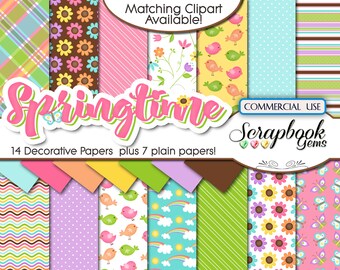 May include: A collection of 21 decorative scrapbook papers with spring-themed patterns. Designs include flowers, birds, butterflies, stripes, and polka dots in pastel colors. The title "Springtime" is displayed in pink and green lettering.