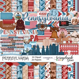 PENNSYLVANIA Clipart and Papers Kit, 59 png Clip Arts, 20 jpeg Papers Instant Download United States, philadelphia, valley forge, gettysburg