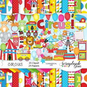 CIRCUS Clipart and Papers Kit, 35 png Clip Arts, 24 jpeg Papers Instant Download clown elephant seal games birthday party balloon amusement