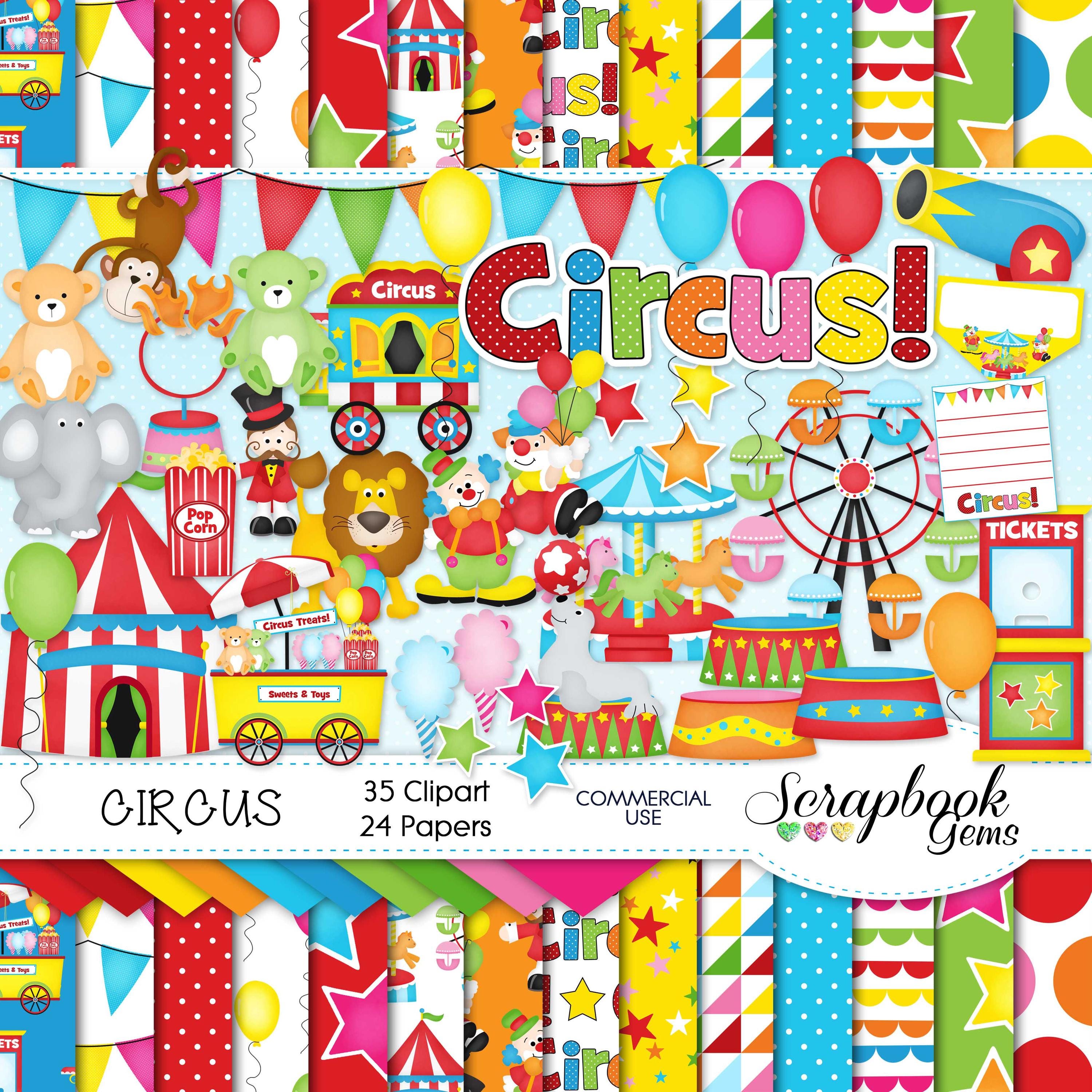 CIRCUS Clipart and Papers Kit, 35 png Clip Arts, 24 jpeg Papers Instant Download clown elephant seal games birthday party balloon amusement
