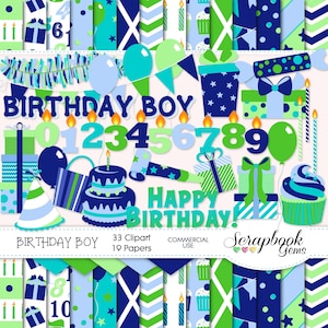 Kit de imágenes prediseñadas y documentos para CUMPLEAÑOS, 33 imágenes prediseñadas en formato png, 19 documentos en formato jpeg, descarga instantánea, fiesta, celebración, niño, muchacho, azul, verde, pastel, regalo