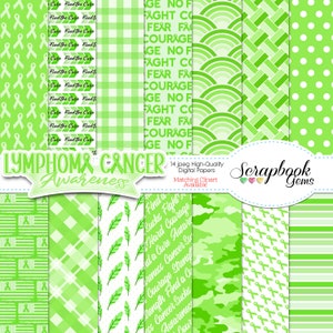 May include: A collection of 14 digital scrapbook papers in shades of green, featuring various patterns such as ribbons, polka dots, and text. The phrase "Lymphoma Cancer Awareness" is displayed, along with the text "Find the Cure".