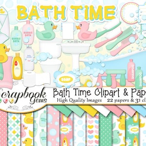 BAD TIJD Clipart en Papers Kit, 31 png Clip arts, 22 jpeg Papers Instant Download badkuip bubbels zeep shampool badkamer toilet water eend