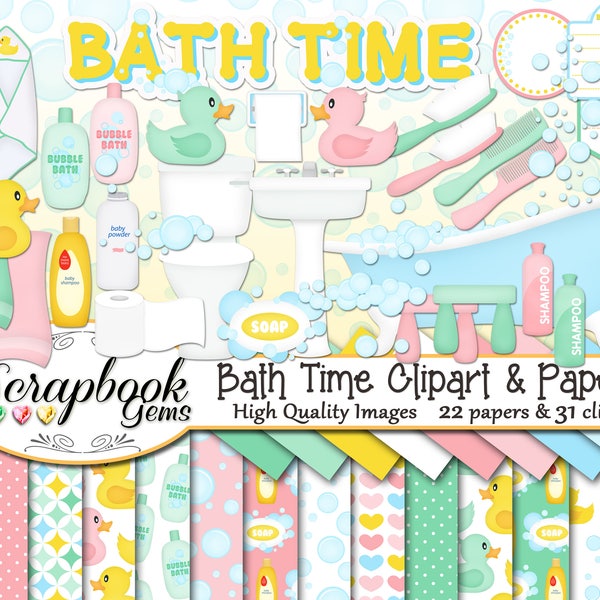 BATH TIME Clipart and Papers Kit, 31 png Clip arts, 22 jpeg Papers Instant Download bathtub bubbles soap shampool bathroom toilet water duck