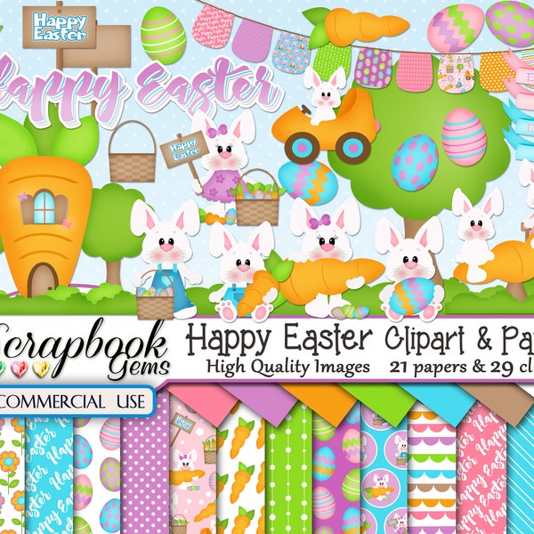 HAPPY EASTER Clipart & Papers Kit, 29 png Clipart files, 21 jpeg Paper files, Instant Download bunny bunnies carrots basket painted eggs