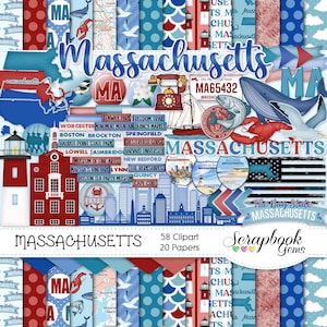 Peut inclure: Un kit de scrapbooking numérique comprenant 58 images clipart et 20 papiers sur le thème du Massachusetts. Le kit comprend des images de phares, de coquillages, de homards, de voiliers et de la silhouette de l'État. Le texte "The Bay State Massachusetts" est présenté au centre de l'image.