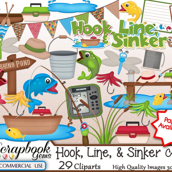 Hook, Line, & Sinker FISHING Clipart, 29 png Clipart files, Instant Download fishing rod reel fish trout bass catfish nature pond dragonfly