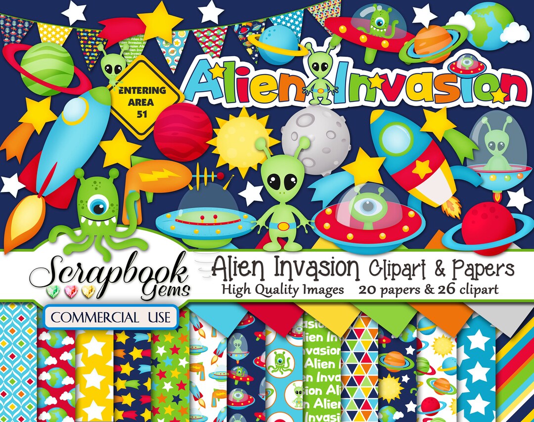 ALIEN INVASION Clipart & Papers Kit, 26 png Clipart files, 20 jpeg ...