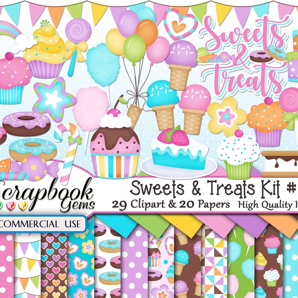 SWEETS & TREATS #1 Clipart and Papers Kit, 29 png Clipart files, 21 jpeg Paper files, Instant Download, cupcakes, doughnuts, candy, smores