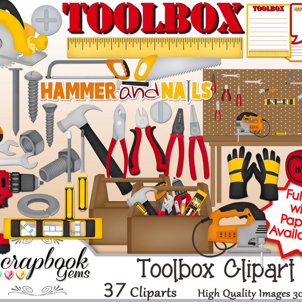 TOOLBOX Clipart, 37 png Clipart files Instant Download tool bench gloves tape measure drill level screwdriver wrench pliers hammer skill saw