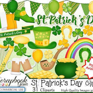 ST. PATRICK'S DAY Clipart, 31 png Clipart archivos Instant Download leprechaun 4 hojas trébol herradura irlandesa olla de tubo de oro taza de cerveza de tubo de oro