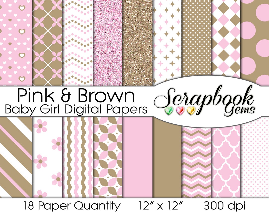 BABY GIRL Pink & Brown Digital Papers, 18 Pieces, 12" X 12", High ...