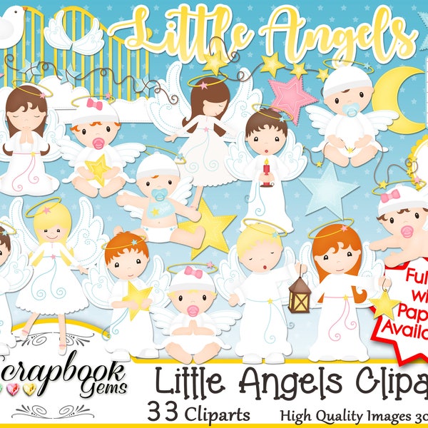 LITTLE ANGELS Clipart, 33 png Fichiers Clipart Téléchargement instantané baby shower garçon fille enfant ciel Jésus-Christ Dieu église religion religieux