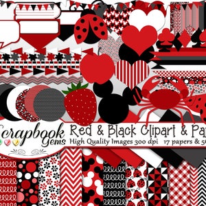 Könnte beinhalten: Eine Sammlung roter, schwarzer und weißer Scrapbook-Elemente. Enthält Herzen, Marienkäfer, Mickey Mouse-Formen, Erdbeeren und gemusterte Papiere. Der Text lautet "Scrapbook Red & Black Clipart & Papers".
