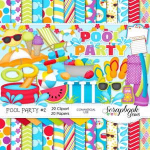 FESTA IN PISCINA (Kit n. 2) Clipart e documenti, 29 file clipart png, 20 file cartacei jpeg, download immediato piscina nuoto palloncini d'acqua pistola ammollo