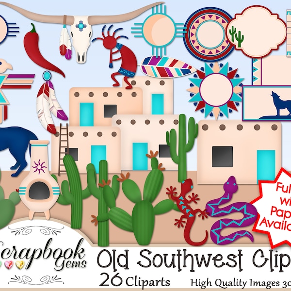 OLD SOUTHWEST Clipart, 26 png Clipart files, Instant Download kokopelli tribal native indian spanish southwestern wolf cactus gecko aztec