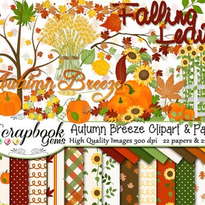 AUTUMN BREEZE Clipart & Papers Kit, 22 png Clipart files, 22 jpeg Paper files, Instant Download fall thanksgiving leaves pumpkin sunflower