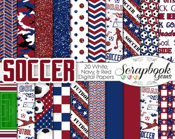 SOCCER Futbol Digital Papers Red, White, & Blue 20 Pieces, 12" x 12", High Quality JPEG files Instant Download Commercial madrid barcelona