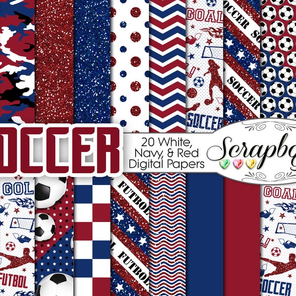SOCCER Futbol Digital Papers Red, White, & Blue 20 Pieces, 12" x 12", High Quality JPEG files Instant Download Commercial madrid barcelona