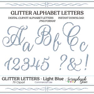 Light Blue Glitter Letters & Numbers Digital Clipart, 79 High Quality PNG files, Instant Download