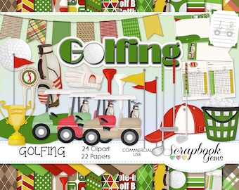 GOLFING Clipart and Papers Kit, 24 png Clip Arts, 22 jpeg Papers Instant Download sports golf cart ball green 9 iron driver putter trophy