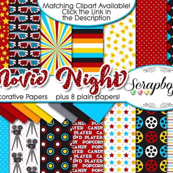 MOVIE NIGHT Digital Papers, 22 Pieces, 12" x 12", High Quality JPEGs, Instant Download camera video glasses 3D popcorn candy circus film