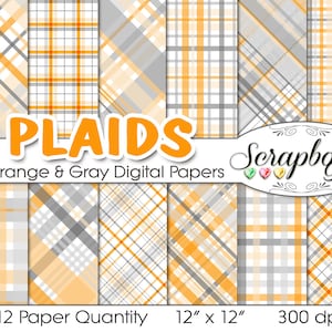 Plaid arancione & Gray Digital Papers, 12 pezzi, 12 "x 12", i file di alta qualità JPEG, neonato Instant Download commerciale uso Scrapbook in tartan