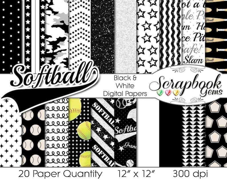 SOFTBALL Digital Papers Black & White 20 Pieces 12 X Etsy