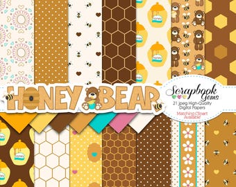 HONEY BEAR Digital Papers, 21 Pieces, 12" x 12", High Quality JPEGs, Instant Download Commercial Scrapbook bees honeypot hive honeycomb