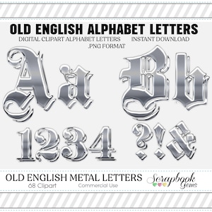 Old English Silver Letters & Numbers Digital Clipart, 68 High Quality PNG files, Instant Download
