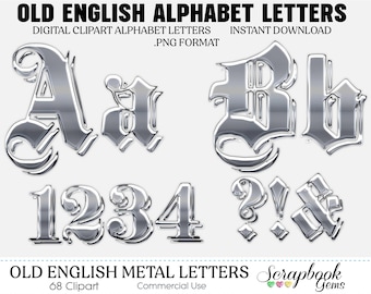 Old English Silver Letters & Numbers Digital Clipart, 68 High Quality PNG files, Instant Download
