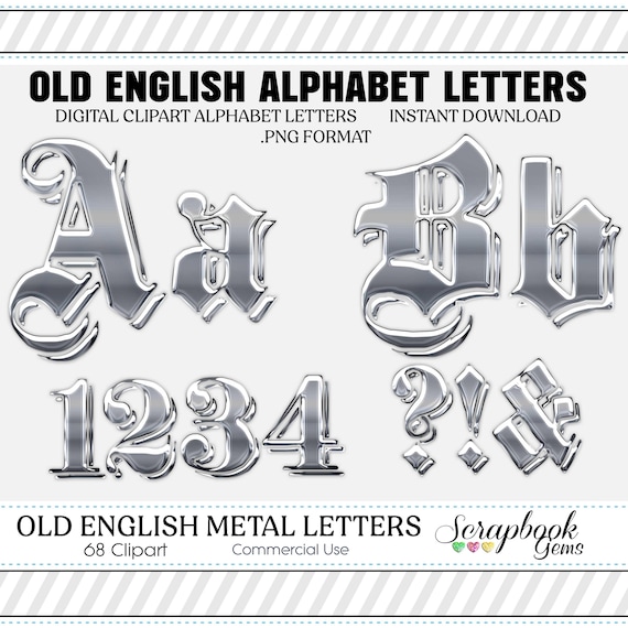 古い英語の銀色の文字と数字のデジタルクリップアート、68 個の高品質