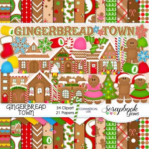 GINGERBREAD TOWN Clipart and Papers Kit, 34 png Clip Arts, 21 jpeg Papers Instant Download candy cookies cupcake sweets christmas home tree