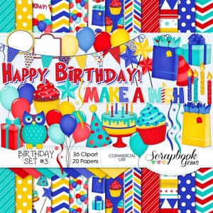 GEBURTSTAG Set #3 Clipart und Papiere Kit, 36 png Clip arts, 20 jpeg Papiere, sofort download party Parties Ballon Kuchen Cupcake Geschenk Kerzen