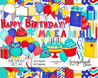 May include: A digital scrapbook kit with 36 clipart images and 20 papers featuring a birthday theme. The images include a cake, cupcakes, balloons, presents, stars, a party hat, an owl, and a banner that says "Happy Birthday! Make a Wish!" The colors are red, blue, yellow, and turquoise.