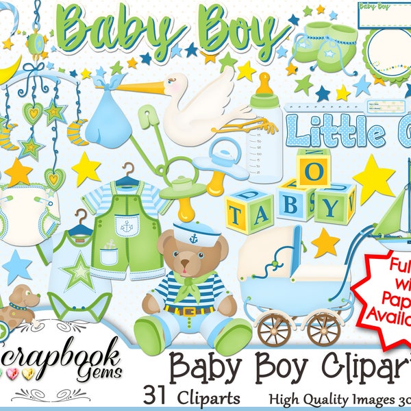 BABY BOY Clipart, 31 png Clipart files Instant Download stroller blocks diaper rattle bottle infant binky pacifier moon stars stork booties