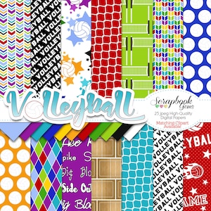 VOLLEYBALL Digital Papers, 25 Pieces, 12&quot; x 12&quot;, High Quality JPEGs Instant Download scoreboard court volley ball net sports high school