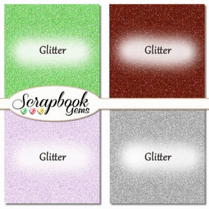 May include: Four digital paper textures with a glitter effect. The colours are green, red, purple, and silver. The text "Glitter" appears on each texture.