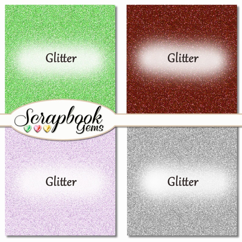 May include: Four digital paper textures with a glitter effect. The colours are green, red, purple, and silver. The text "Glitter" appears on each texture.