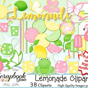 May include: A collection of colorful lemonade-themed clip art elements. The image includes lemons, limes, pink and yellow flowers, butterflies, a flamingo, and various lemonade-related items. Text includes "Lemonade" and "Lemonade Clipart".