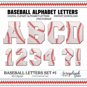 Baseball or Softball Letters & Numbers Clipart, 40 High Quality PNG files, Instant Download Digital Clip Art sports alphabets ball game