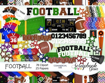 FOOTBALL Clipart and Papers Kit, 78 png Clip Arts, 25 jpeg Papers Instant Download sports goal rugby scoreboard stars fan gridiron touchdown