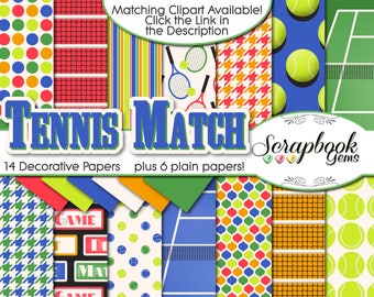 TENNIS MATCH Digital Papers, 20 Pieces, 12" x 12", High Quality JPEGs, Instant Download tennis ball court racket net sports clip art