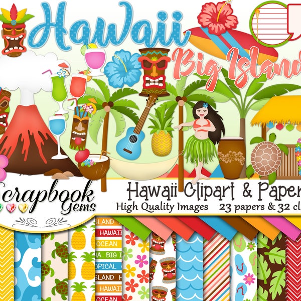 HAWAII Clipart and Papers Kit, 32 png Clip arts, 23 jpeg Papers Instant Download maui tropical beach ocean sea tiki volcano guitar alcohol
